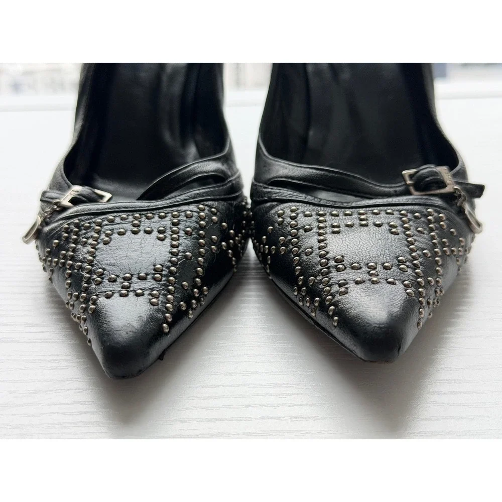 Christian Dior Black Leather Studded Pointed Toe Pumps Charm Heels Size 38